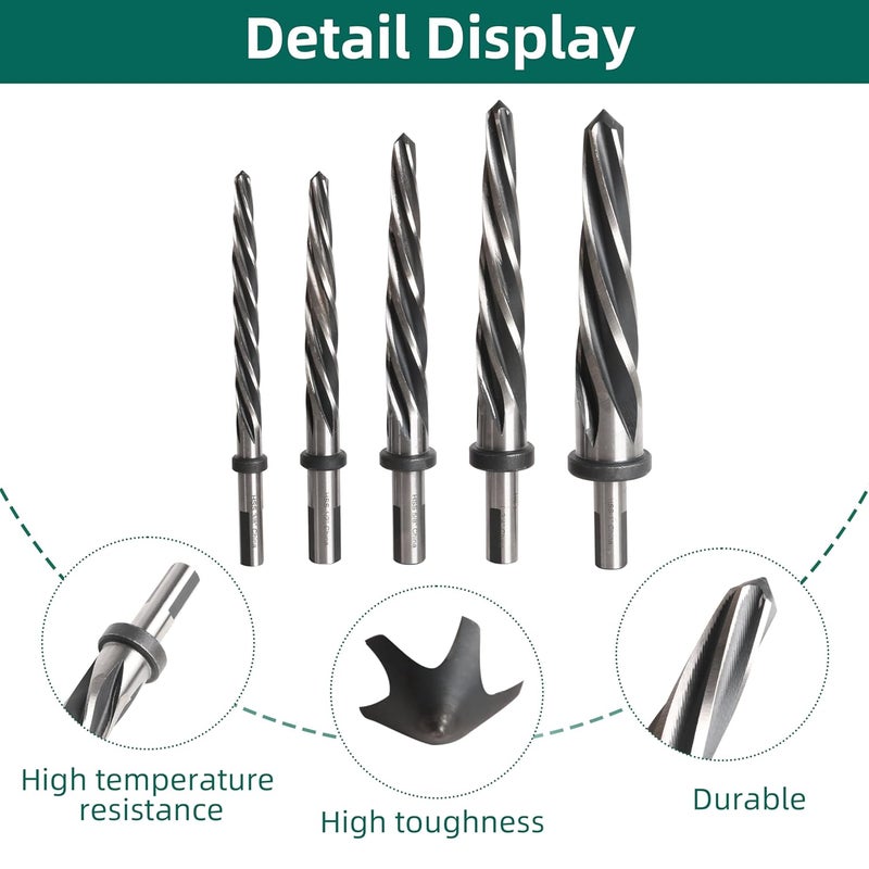 Riyhch 5PCS M2 HSS Taper Chucking Reamer Set 3/8",1/2",5/8",3/4",1 Fit 1/2" Round Shank Construction Reamer Drill Bit Bridge Also for Wood Alloy Steel Metal Align The existing Hole and Expand The Reamer - Image 4
